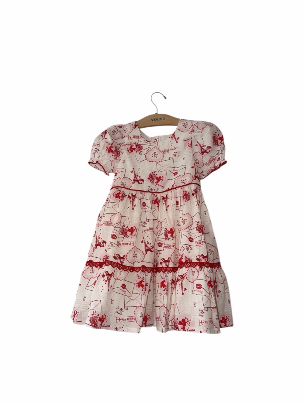 Cynthia Rowley Red and White Parisian Cupid Printed Puff-Sleeve Kids Dress Sz 8